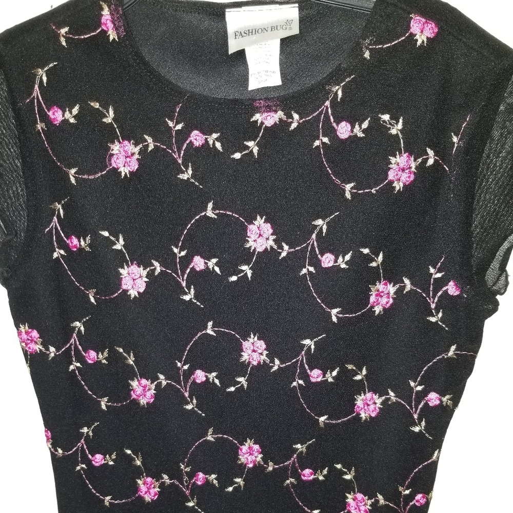 Fashion Bug Black w/ Pink & Green Rose Embroidery